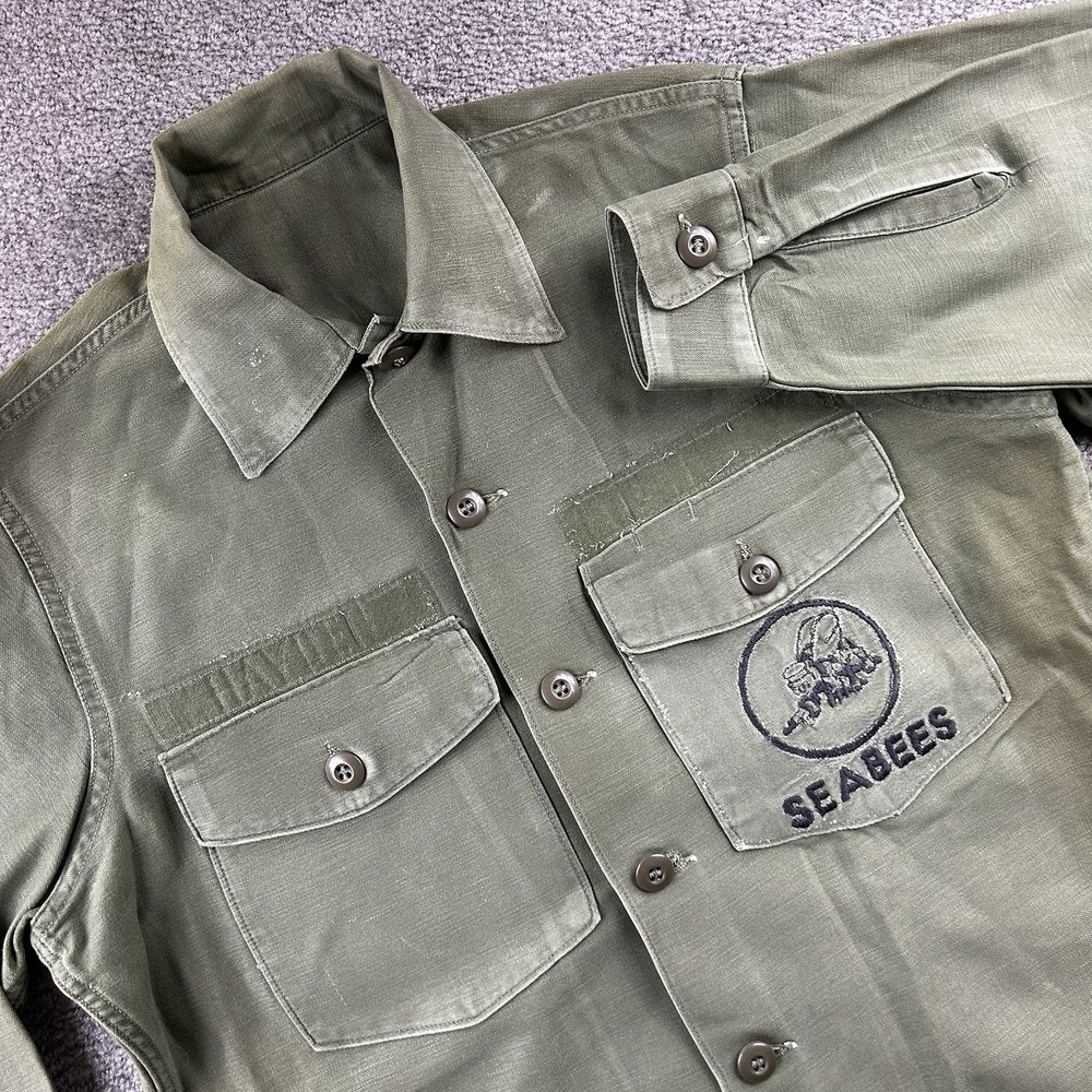 Vintage US Navy Seabees Utility Shirt Mens Olive Drab Military Jacket OG-107 60s